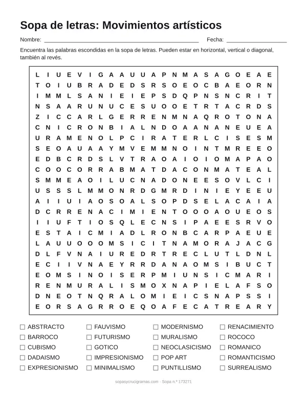 Hoja para imprimir de la sopa de letras de movimientos artísticos: cuadrícula de 23 × 23 letras con 20 palabras escondidas, renglones para nombre y fecha y la lista de palabras para tachar.