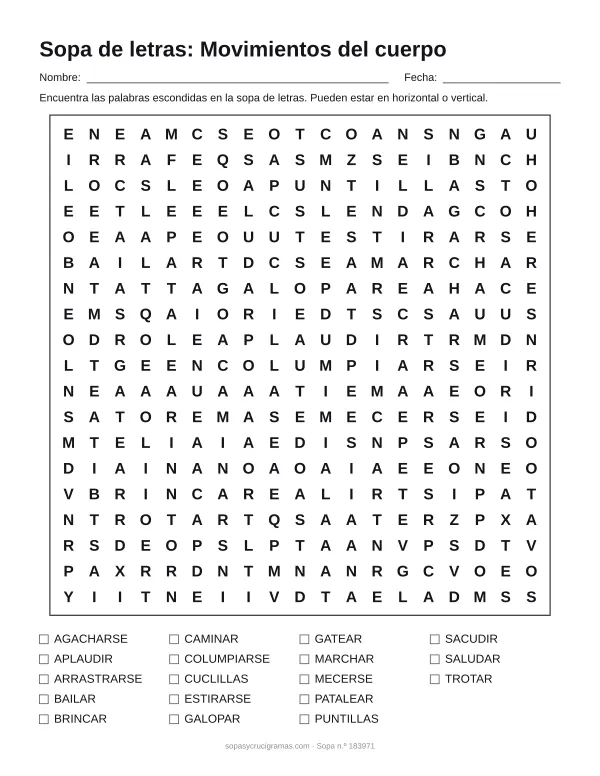 Hoja para imprimir de la sopa de letras de los movimientos del cuerpo: cuadrícula de 19 × 19 letras con 18 palabras escondidas, renglones para nombre y fecha y la lista de palabras para tachar.