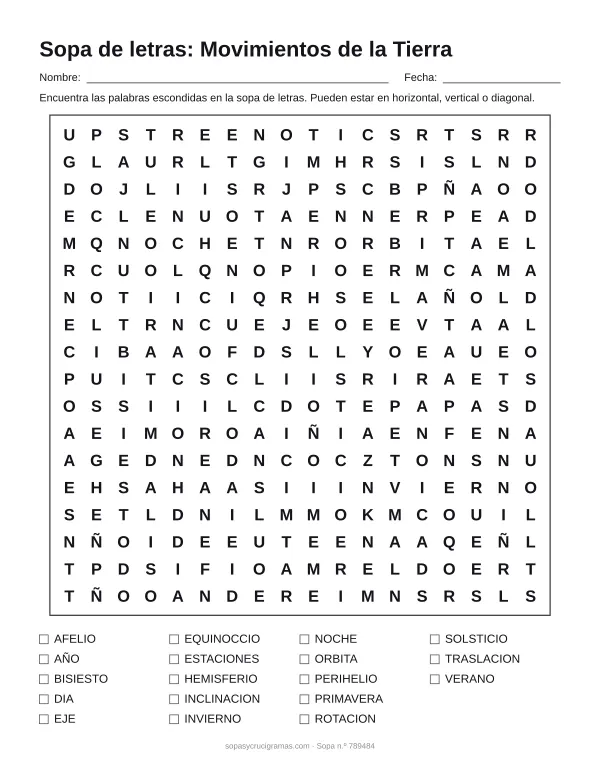 Hoja para imprimir de la sopa de letras de los movimientos de la Tierra: cuadrícula de 18 × 18 letras con 18 palabras escondidas, renglones para nombre y fecha y la lista de palabras para tachar.