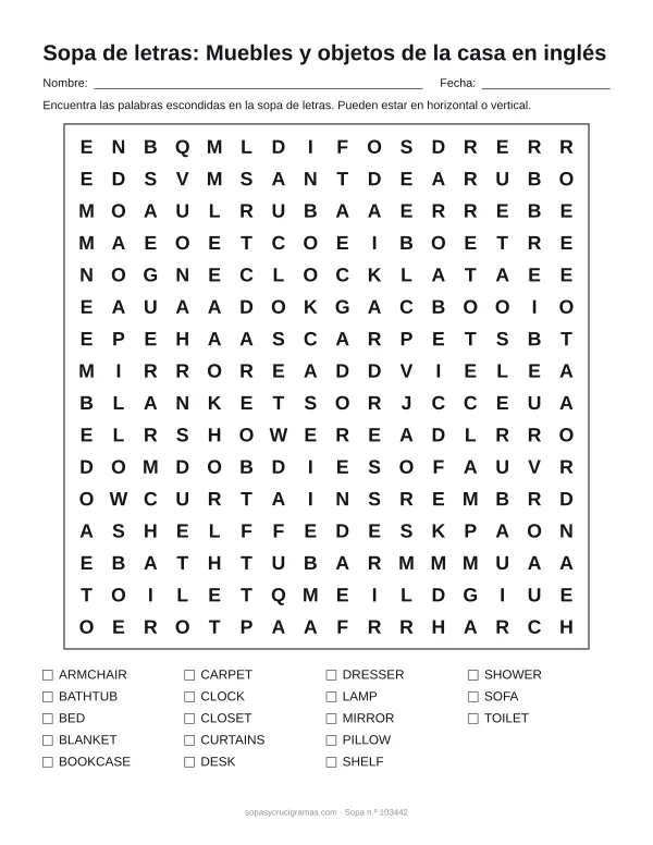 Hoja para imprimir de la sopa de letras de los muebles en inglés: cuadrícula de 16 × 16 letras con 18 palabras escondidas, renglones para nombre y fecha y la lista de palabras para tachar.