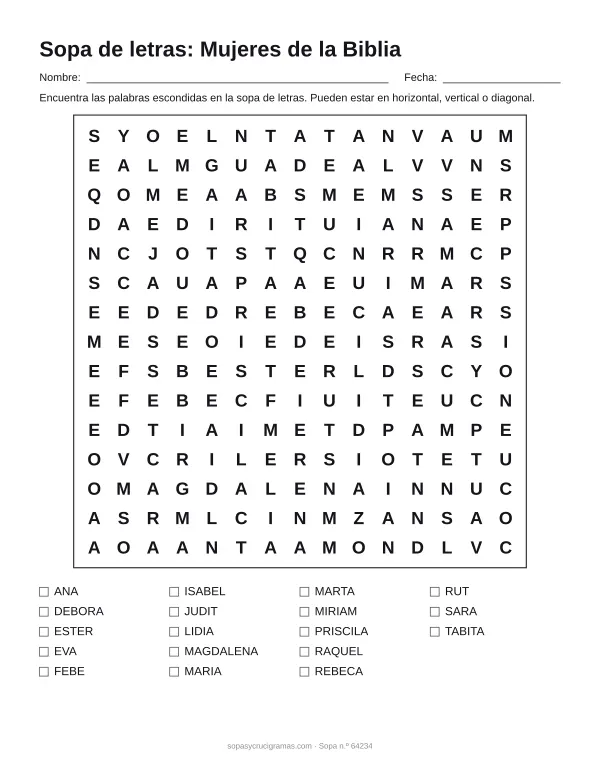 Hoja para imprimir de la sopa de letras de mujeres de la Biblia: cuadrícula de 15 × 15 letras con 18 palabras escondidas, renglones para nombre y fecha y la lista de palabras para tachar.