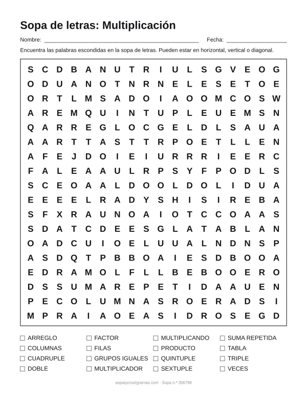 Hoja para imprimir de la sopa de letras de la multiplicación: cuadrícula de 18 × 18 letras con 16 palabras escondidas, renglones para nombre y fecha y la lista de palabras para tachar.