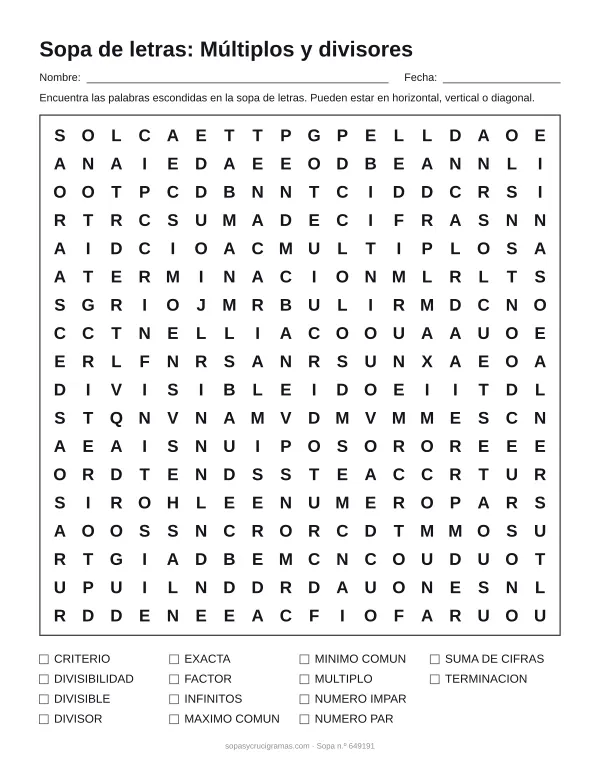 Hoja para imprimir de la sopa de letras de múltiplos y divisores: cuadrícula de 18 × 18 letras con 14 palabras escondidas, renglones para nombre y fecha y la lista de palabras para tachar.