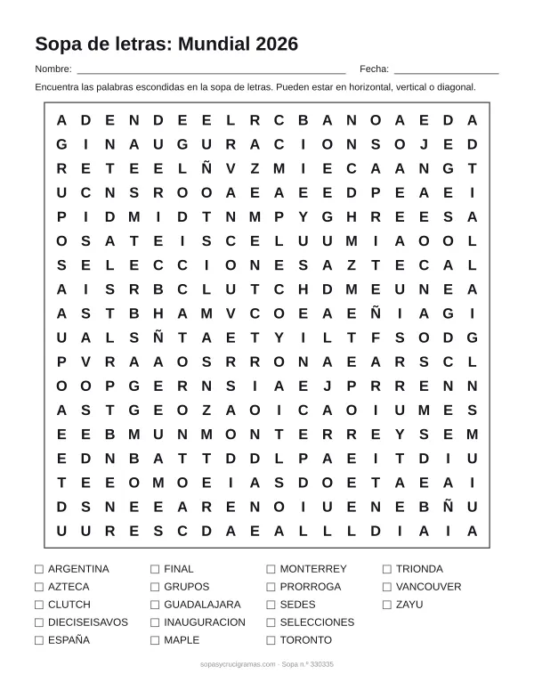 Hoja para imprimir de la sopa de letras del Mundial 2026: cuadrícula de 18 × 18 letras con 18 palabras escondidas, renglones para nombre y fecha y la lista de palabras para tachar.
