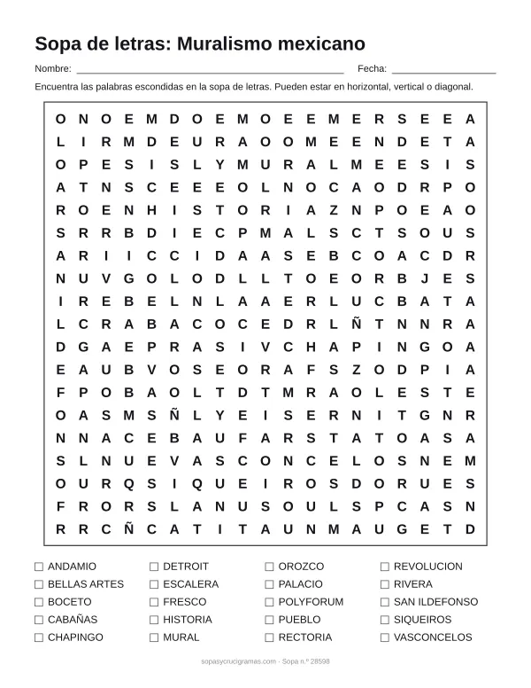 Hoja para imprimir de la sopa de letras del muralismo mexicano: cuadrícula de 19 × 19 letras con 20 palabras escondidas, renglones para nombre y fecha y la lista de palabras para tachar.