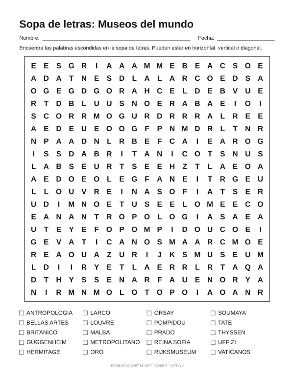Hoja para imprimir de la sopa de letras de museos del mundo: cuadrícula de 19 × 19 letras con 20 palabras escondidas, renglones para nombre y fecha y la lista de palabras para tachar.