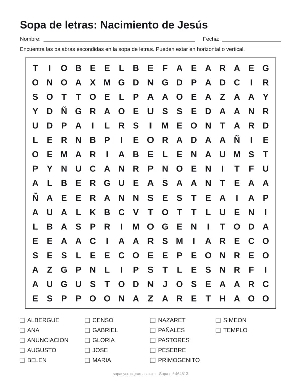Hoja para imprimir de la sopa de letras del nacimiento de Jesús: cuadrícula de 17 × 17 letras con 17 palabras escondidas, renglones para nombre y fecha y la lista de palabras para tachar.