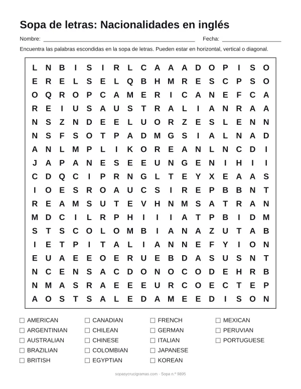 Hoja para imprimir de la sopa de letras de nacionalidades en inglés: cuadrícula de 18 × 18 letras con 18 palabras escondidas, renglones para nombre y fecha y la lista de palabras para tachar.