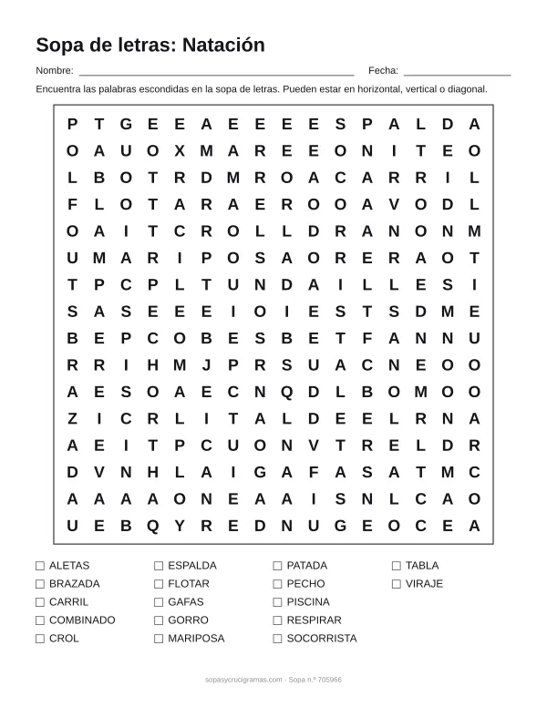 Hoja para imprimir de la sopa de letras de natación: cuadrícula de 16 × 16 letras con 17 palabras escondidas, renglones para nombre y fecha y la lista de palabras para tachar.