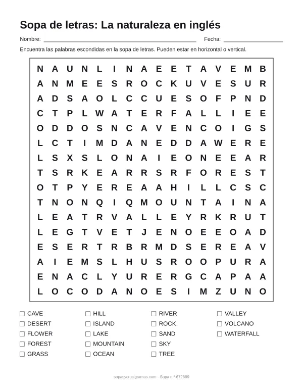 Hoja para imprimir de la sopa de letras de la naturaleza en inglés: cuadrícula de 16 × 16 letras con 18 palabras escondidas, renglones para nombre y fecha y la lista de palabras para tachar.