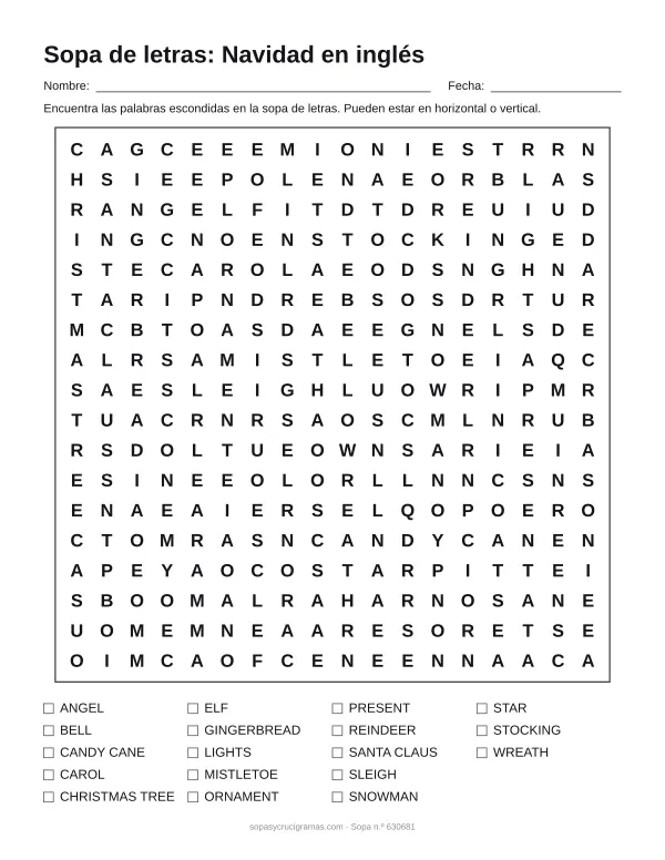 Hoja para imprimir de la sopa de letras de Navidad en inglés: cuadrícula de 18 × 18 letras con 18 palabras escondidas, renglones para nombre y fecha y la lista de palabras para tachar.