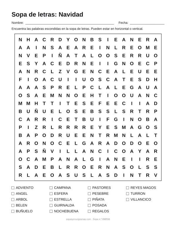 Hoja para imprimir de la sopa de letras de Navidad: cuadrícula de 18 × 18 letras con 18 palabras escondidas, renglones para nombre y fecha y la lista de palabras para tachar.