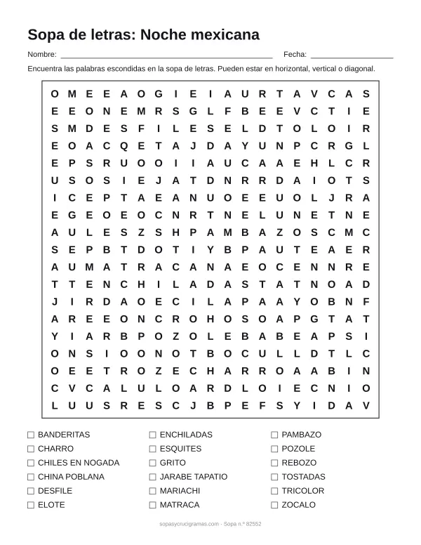 Hoja para imprimir de la sopa de letras de la noche mexicana: cuadrícula de 19 × 19 letras con 18 palabras escondidas, renglones para nombre y fecha y la lista de palabras para tachar.