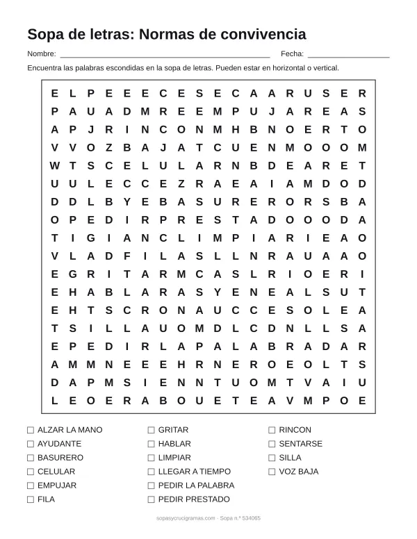 Hoja para imprimir de la sopa de letras de las normas de convivencia: cuadrícula de 18 × 18 letras con 16 palabras escondidas, renglones para nombre y fecha y la lista de palabras para tachar.