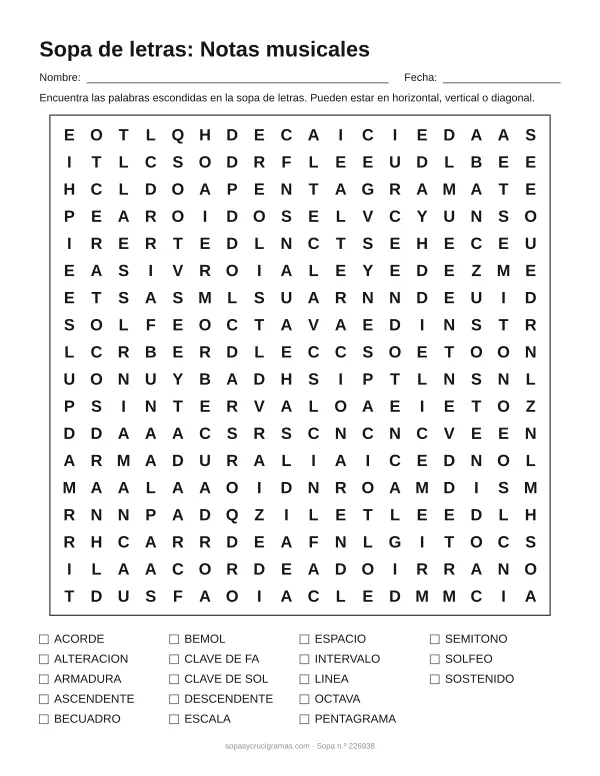 Hoja para imprimir de la sopa de letras de notas musicales: cuadrícula de 18 × 18 letras con 18 palabras escondidas, renglones para nombre y fecha y la lista de palabras para tachar.