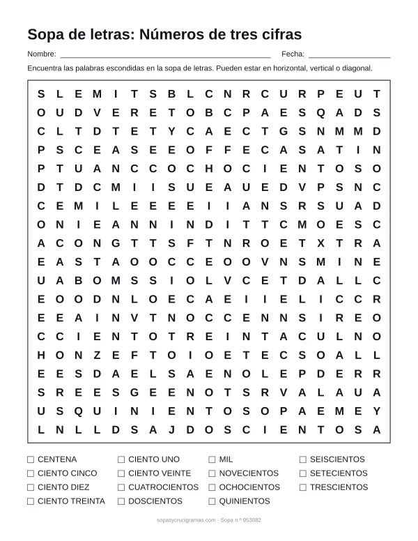 Hoja para imprimir de la sopa de letras de números de tres cifras: cuadrícula de 19 × 19 letras con 15 palabras escondidas, renglones para nombre y fecha y la lista de palabras para tachar.