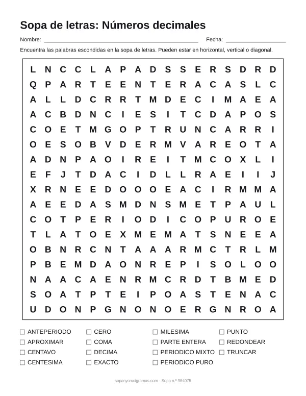 Hoja para imprimir de la sopa de letras de números decimales: cuadrícula de 17 × 17 letras con 15 palabras escondidas, renglones para nombre y fecha y la lista de palabras para tachar.