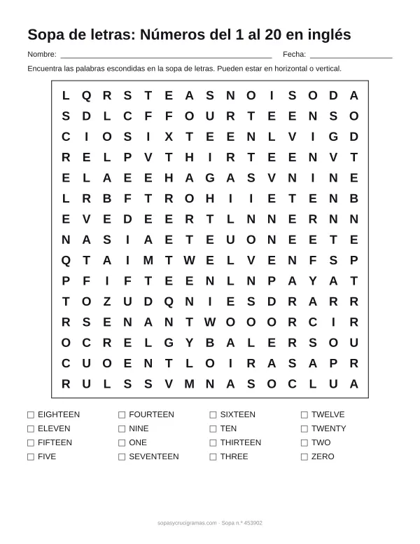 Hoja para imprimir de la sopa de letras de números en inglés: cuadrícula de 15 × 15 letras con 16 palabras escondidas, renglones para nombre y fecha y la lista de palabras para tachar.