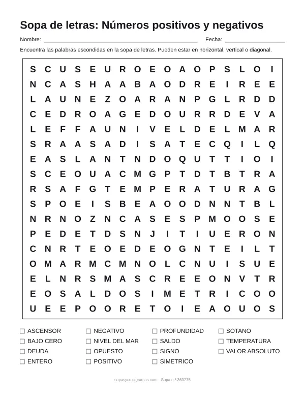 Hoja para imprimir de la sopa de letras de números enteros: cuadrícula de 17 × 17 letras con 15 palabras escondidas, renglones para nombre y fecha y la lista de palabras para tachar.