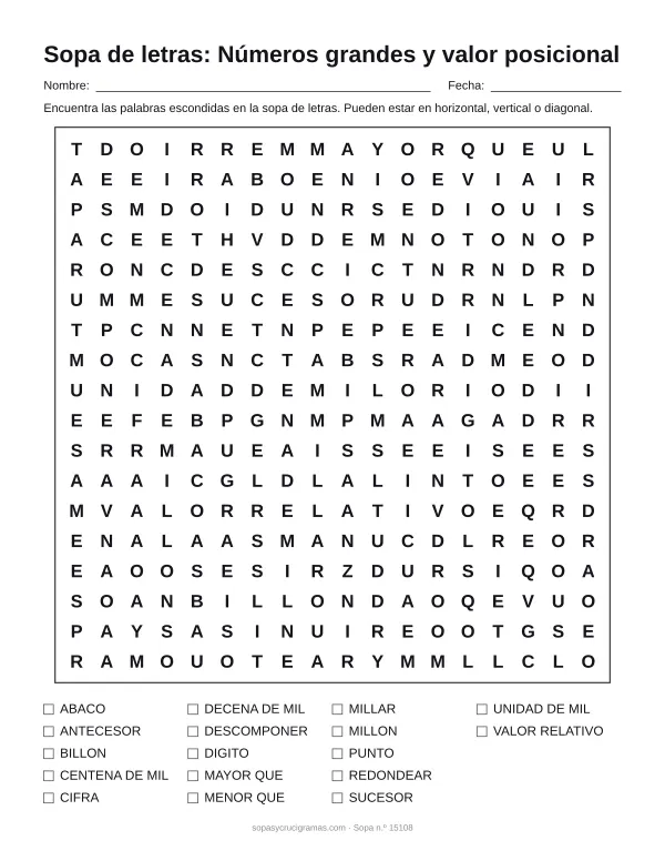 Hoja para imprimir de la sopa de letras de números grandes: cuadrícula de 18 × 18 letras con 17 palabras escondidas, renglones para nombre y fecha y la lista de palabras para tachar.