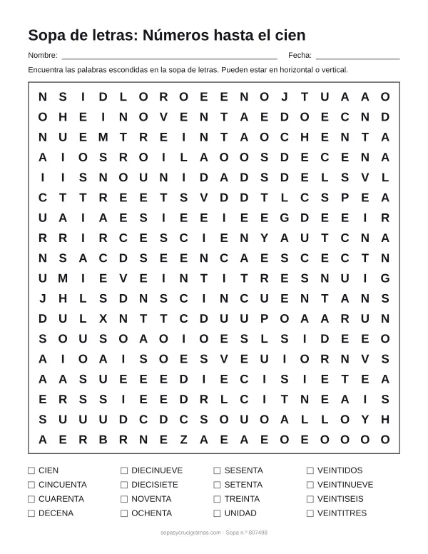 Hoja para imprimir de la sopa de letras de números hasta el cien: cuadrícula de 18 × 18 letras con 16 palabras escondidas, renglones para nombre y fecha y la lista de palabras para tachar.
