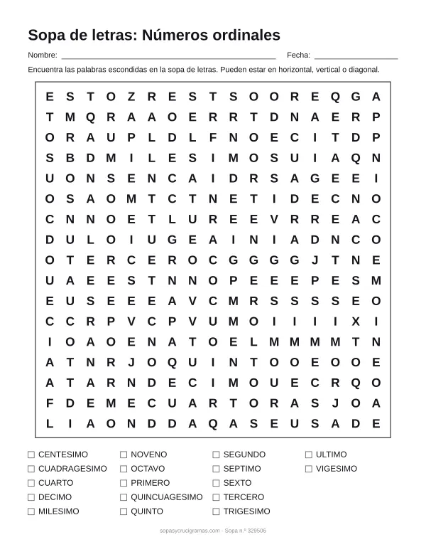 Hoja para imprimir de la sopa de letras de números ordinales: cuadrícula de 17 × 17 letras con 17 palabras escondidas, renglones para nombre y fecha y la lista de palabras para tachar.