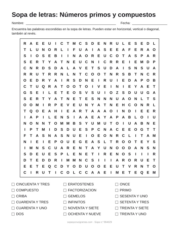 Hoja para imprimir de la sopa de letras de números primos: cuadrícula de 22 × 22 letras con 18 palabras escondidas, renglones para nombre y fecha y la lista de palabras para tachar.