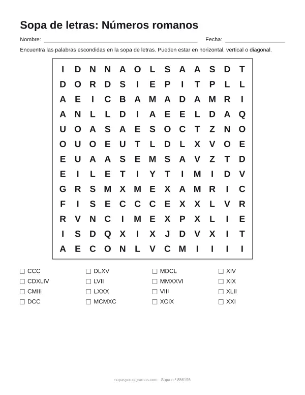 Hoja para imprimir de la sopa de letras de números romanos: cuadrícula de 13 × 13 letras con 16 palabras escondidas, renglones para nombre y fecha y la lista de palabras para tachar.