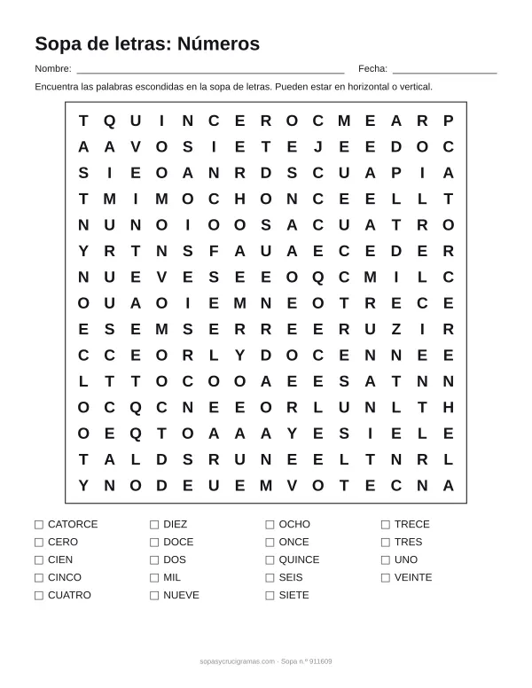 Hoja para imprimir de la sopa de letras de números: cuadrícula de 15 × 15 letras con 19 palabras escondidas, renglones para nombre y fecha y la lista de palabras para tachar.