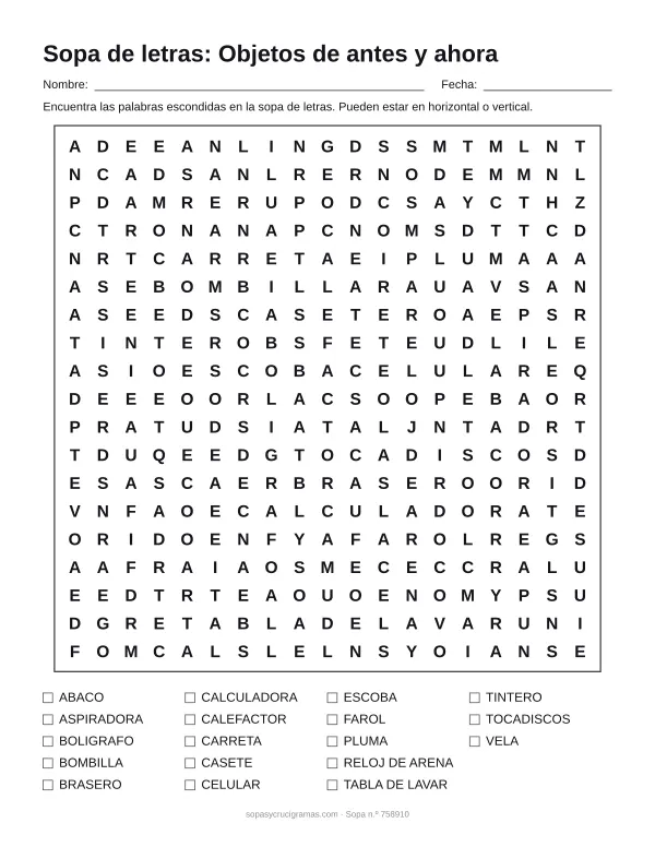 Hoja para imprimir de la sopa de letras de objetos de antes y ahora: cuadrícula de 19 × 19 letras con 18 palabras escondidas, renglones para nombre y fecha y la lista de palabras para tachar.
