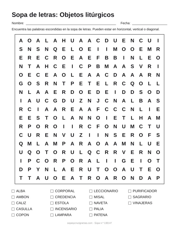 Hoja para imprimir de la sopa de letras de los objetos litúrgicos: cuadrícula de 17 × 17 letras con 18 palabras escondidas, renglones para nombre y fecha y la lista de palabras para tachar.