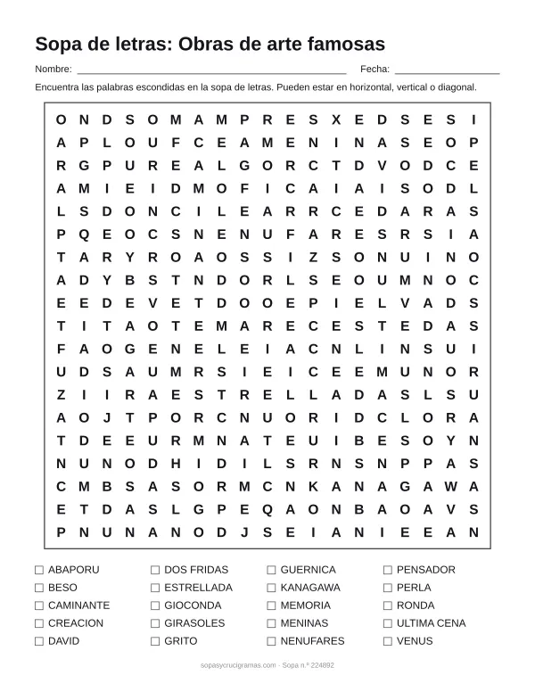 Hoja para imprimir de la sopa de letras de obras de arte famosas: cuadrícula de 19 × 19 letras con 20 palabras escondidas, renglones para nombre y fecha y la lista de palabras para tachar.