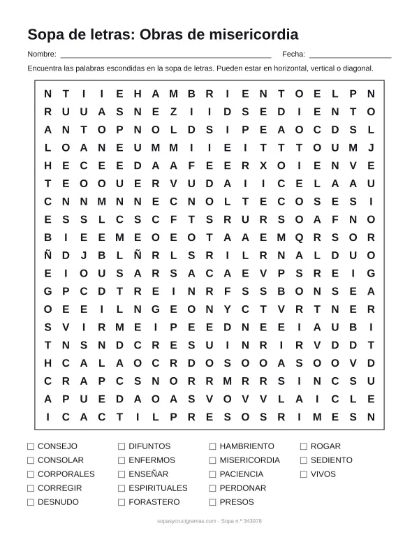 Hoja para imprimir de la sopa de letras de las obras de misericordia: cuadrícula de 19 × 19 letras con 18 palabras escondidas, renglones para nombre y fecha y la lista de palabras para tachar.