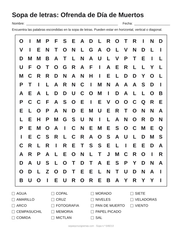 Hoja para imprimir de la sopa de letras de la ofrenda de Día de Muertos: cuadrícula de 17 × 17 letras con 18 palabras escondidas, renglones para nombre y fecha y la lista de palabras para tachar.