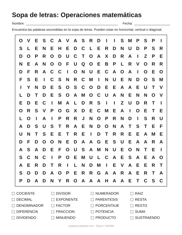 Hoja para imprimir de la sopa de letras de operaciones matemáticas: cuadrícula de 19 × 19 letras con 20 palabras escondidas, renglones para nombre y fecha y la lista de palabras para tachar.