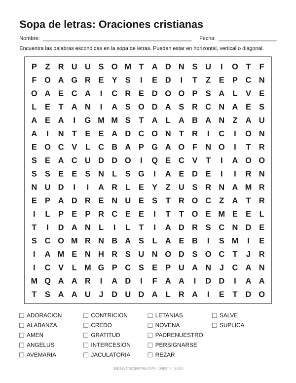 Hoja para imprimir de la sopa de letras de oraciones cristianas: cuadrícula de 18 × 18 letras con 17 palabras escondidas, renglones para nombre y fecha y la lista de palabras para tachar.