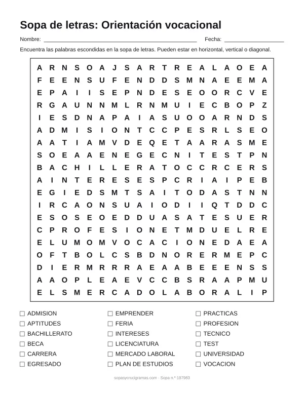 Hoja para imprimir de la sopa de letras de orientación vocacional: cuadrícula de 19 × 19 letras con 18 palabras escondidas, renglones para nombre y fecha y la lista de palabras para tachar.