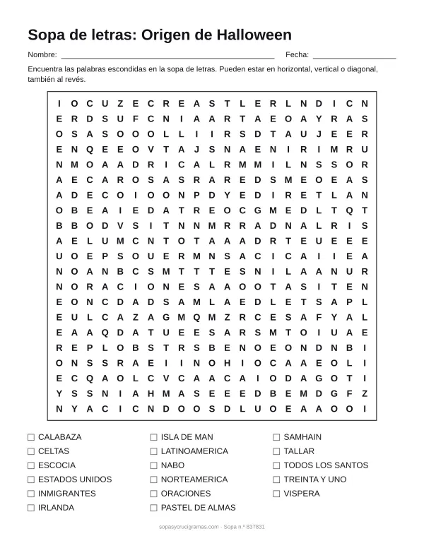 Hoja para imprimir de la sopa de letras del origen de Halloween: cuadrícula de 21 × 21 letras con 17 palabras escondidas, renglones para nombre y fecha y la lista de palabras para tachar.