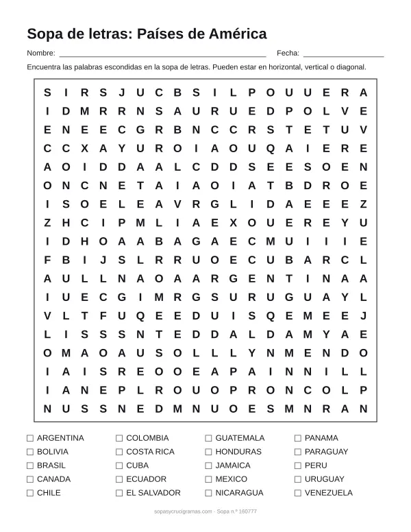 Hoja para imprimir de la sopa de letras de países de América: cuadrícula de 18 × 18 letras con 20 palabras escondidas, renglones para nombre y fecha y la lista de palabras para tachar.