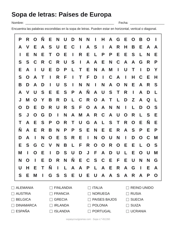 Hoja para imprimir de la sopa de letras de países de Europa: cuadrícula de 19 × 19 letras con 20 palabras escondidas, renglones para nombre y fecha y la lista de palabras para tachar.