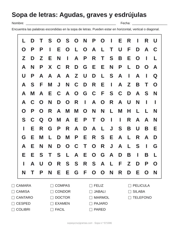 Hoja para imprimir de la sopa de letras de agudas, graves y esdrújulas: cuadrícula de 16 × 16 letras con 18 palabras escondidas, renglones para nombre y fecha y la lista de palabras para tachar.