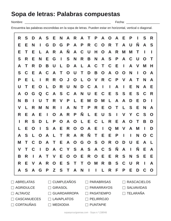 Hoja para imprimir de la sopa de letras de palabras compuestas: cuadrícula de 20 × 20 letras con 18 palabras escondidas, renglones para nombre y fecha y la lista de palabras para tachar.