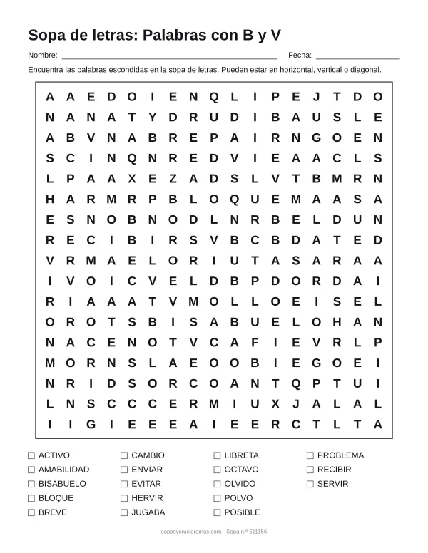 Hoja para imprimir de la sopa de letras de palabras con B y V: cuadrícula de 17 × 17 letras con 18 palabras escondidas, renglones para nombre y fecha y la lista de palabras para tachar.