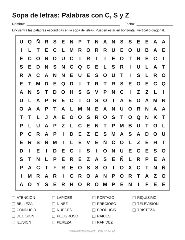 Hoja para imprimir de la sopa de letras de palabras con C, S y Z: cuadrícula de 18 × 18 letras con 18 palabras escondidas, renglones para nombre y fecha y la lista de palabras para tachar.