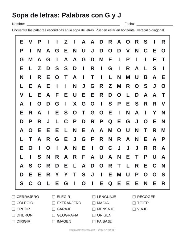 Hoja para imprimir de la sopa de letras de palabras con G y J: cuadrícula de 17 × 17 letras con 18 palabras escondidas, renglones para nombre y fecha y la lista de palabras para tachar.