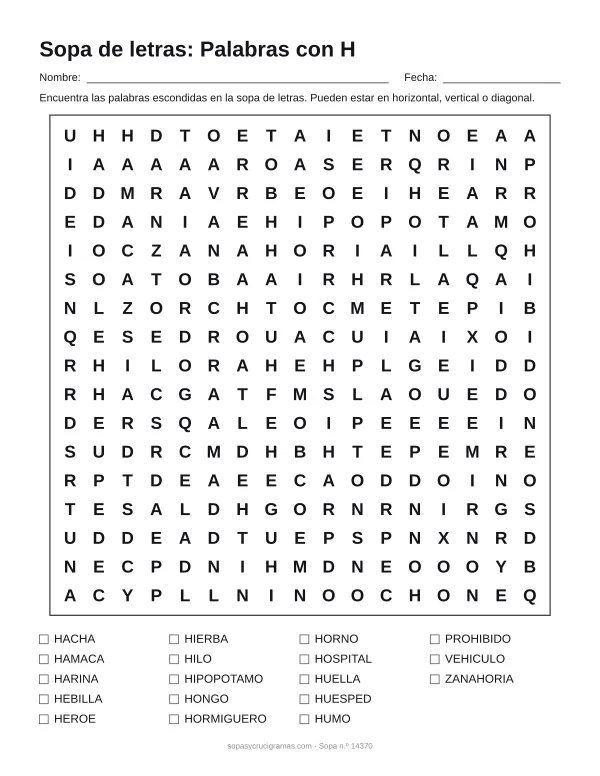 Hoja para imprimir de la sopa de letras de palabras con H: cuadrícula de 17 × 17 letras con 18 palabras escondidas, renglones para nombre y fecha y la lista de palabras para tachar.