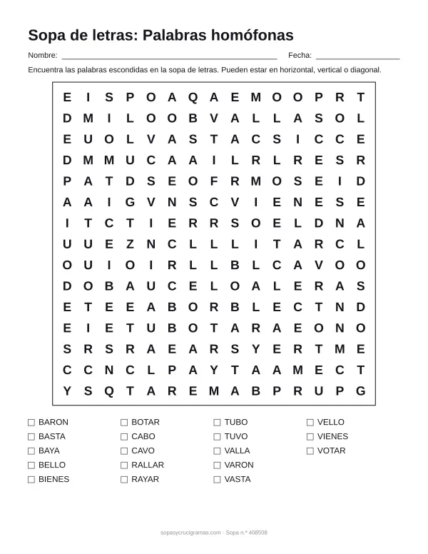 Hoja para imprimir de la sopa de letras de palabras homófonas: cuadrícula de 15 × 15 letras con 18 palabras escondidas, renglones para nombre y fecha y la lista de palabras para tachar.