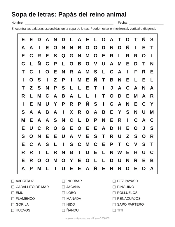 Hoja para imprimir de la sopa de letras de papás del reino animal: cuadrícula de 17 × 17 letras con 18 palabras escondidas, renglones para nombre y fecha y la lista de palabras para tachar.