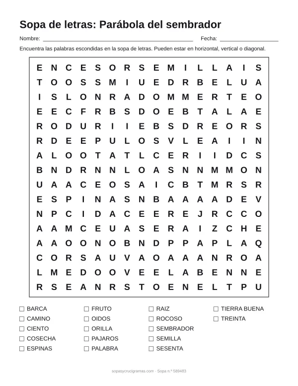 Hoja para imprimir de la sopa de letras de la parábola del sembrador: cuadrícula de 16 × 16 letras con 17 palabras escondidas, renglones para nombre y fecha y la lista de palabras para tachar.