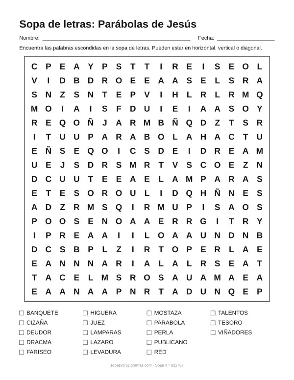 Hoja para imprimir de la sopa de letras de las parábolas de Jesús: cuadrícula de 17 × 17 letras con 18 palabras escondidas, renglones para nombre y fecha y la lista de palabras para tachar.